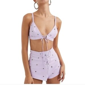 For Love And Lemons Lilac Lace-Up High Waist Shorts